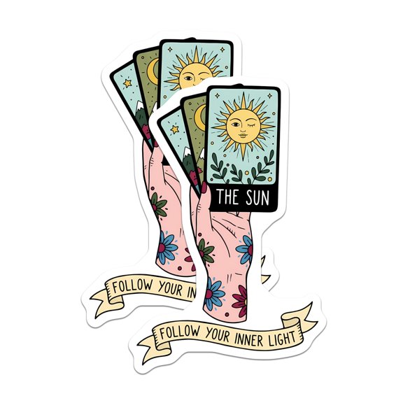 (2 Pack) Tarot Sun Card Stickers - Inner Light Decal - Bohemian Spiritual Art - 5" On Longest Side - Sticks to Smooth Flat Surfaces - Made in USA - BMCS20197