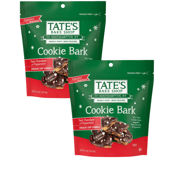 2 Pack Tate's Bake Shop Holiday Cookie Bark, Chocolate Chip Cookies with Dark Chocolate and Peppermint, Limited Edition, 4.6 oz ea