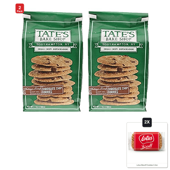 2 Pack | Tates Bake Shop Chocolate Chip Cookies, 7 Oz & 2x Lotus Biscoff Cookies 0.2oz