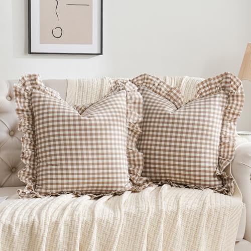 2 Pack Taupe/Brown Plaid Ruffle Throw Pillow Covers Farmhouse Checkered Chic Washed Cotton Pillowcases Gingham Pillow Shams for Bed, Sofa, Living Room-20"x20" Brown