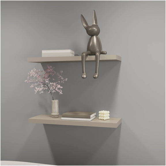 2-Pack Taupe Melamine Floating Shelves Set, Recessed Wall Mounted Shelving for Living Room, Bedroom, Kitchen