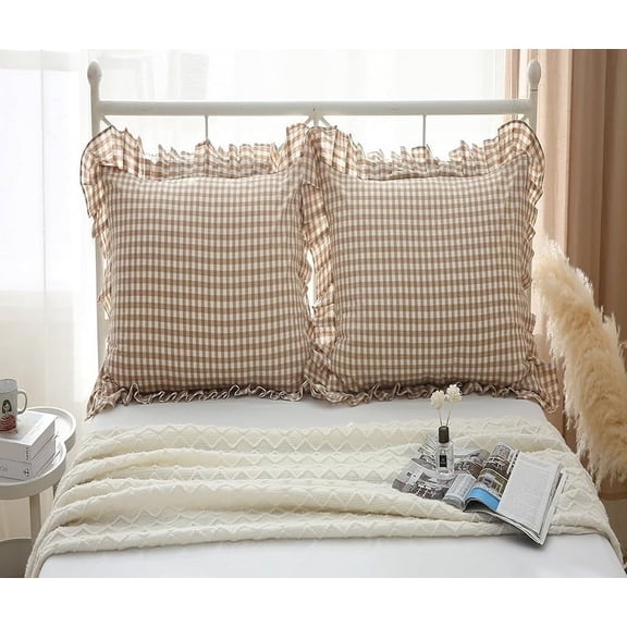 2 Pack Taupe White Plaid Euro Pillow Shams with Ruffles Checkered Pillowcases Gingham Pillow Cases Washed Cotton Farmhouse Cottage Pillow Covers for Bed/Sofa(26X26inches,Taupe/White Plaid)
