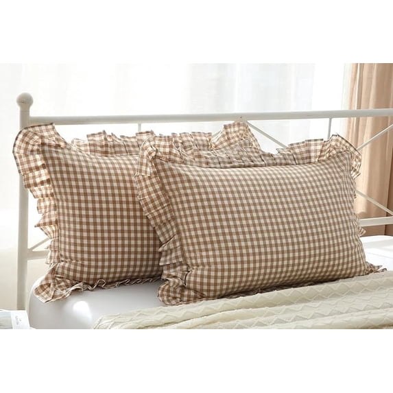 2 Pack Taupe White Plaid Pillow Shams with Ruffles Checkered Pillowcases Gingham Queen Size Pillow Cases Washed Cotton Farmhouse Cottage Pillow Covers for Bed/Sofa(20X30inches,Taupe/White Plaid)
