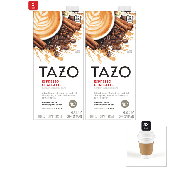 2 Pack | Tazo Espresso Chai Latte, Black Tea Concentrate, Easy To Serve Espresso Chai Tea For Everyday Lattes, Hot Or Iced Coffee-Like 32Oz & 3x 12oz Disposable Coffee Cup with Lid & Sleeve