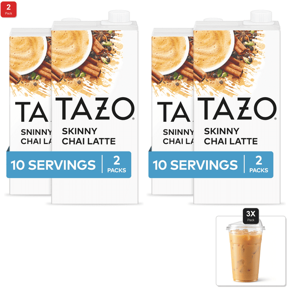 2 Pack | Tazo Skinny Chai Latte Concentrate, Hot Or Iced Black Tea, Easy-To-Serve, Everyday Low Calorie Lattes And Mocktails, 32 Oz Carton (Pack Of 2) & 3x 16oz Plastic Cup with Strawless Sip-Lid
