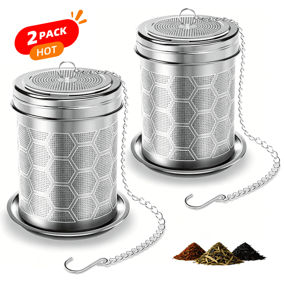 2 Pack Tea Infuser for Loose Leaf Tea, Extra Fine Mesh Stainless Steel Tea Strainer with Threaded Lid & Chain Hook, Reusable Tea Steeper for Mug, Teapot, and Spices, Hexagon Design