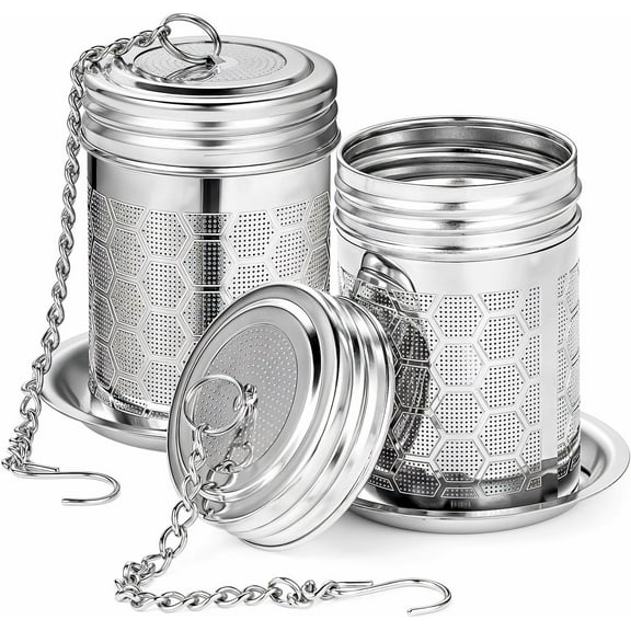 2 Pack Tea Strainers Infuser for Loose Tea 304 Stainless Steel Mesh Loose Leaf Steeper Diffuser with Chain Hook and Threaded Lid for Black Tea, Spices and Seasonings