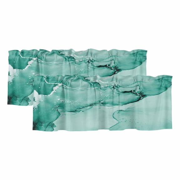 2 Pack Teal Abstract Valance for Window Silver Marble Ripples Clouds Luxury Fluid Art Kitchen Valance Rod Pocket Short Curtain Topper Decorative Window Treatment for Living Room Bedroom 42"x12"