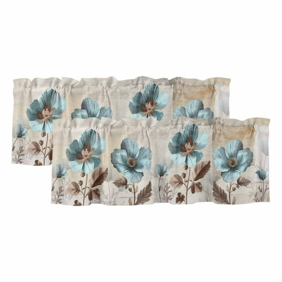 2 Pack Teal Broccoli Valance for Window Rustic Farmhouse Flower Leaf Retro Brown Kitchen Valance Rod Pocket Short Curtain Topper Decorative Window Treatment for Living Room Bedroom 42"x12"