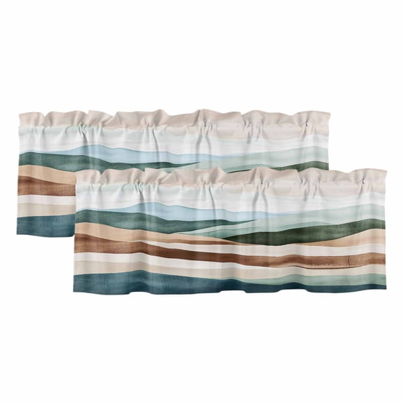 2 Pack Teal Brown Ombre Valance for Window Abstract Art Modern Waves Kitchen Valance Rod Pocket Short Curtain Topper Decorative Window Treatment for Living Room Bedroom 42"x18"