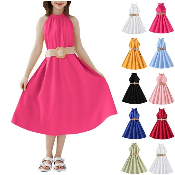 2 Pack Teen Girls Sleeveless Dresses with Belt Size 6-13 Kids Trendy Chiffon A-Line Solid Color Crew Neck Summer Beach Midi Dress