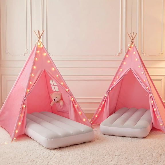 2 Pack Teepee Tent for Kids with Inflatable Airbed, Indoor Play Tent Foldable for Boys Girls Party Sleepover Slumber Gifts Toy