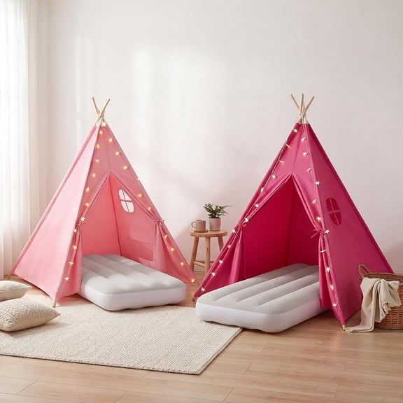 2 Pack Teepee Tent for Kids with Inflatable Airbed, Indoor Play Tent Foldable for Boys Girls Party Sleepover Slumber Gifts Toy