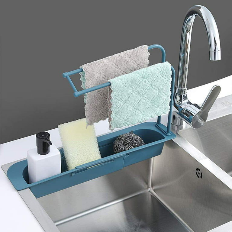 2 Pack Telescopic Sink Holder, Adjustable Expandable Storage Drain Basket  Rack, Sink Organizer Tray Sponge Soap Holder, Dish Cloth Hanger for Kitchen  (Blue) 