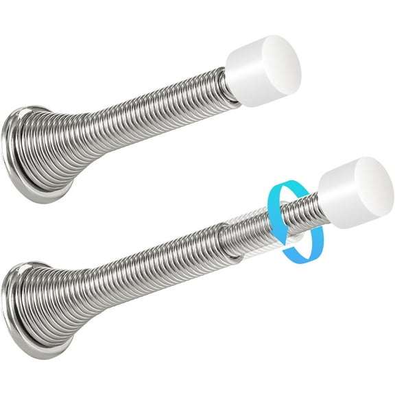 2 Pack Telescoping Spring Door Stoppers, Extended from 3-1/8 to 4-1/4 inches Wall Mount Extra Long Door Stops- Flexible Spring Doorstops Wall Protector (Satin Nickel)