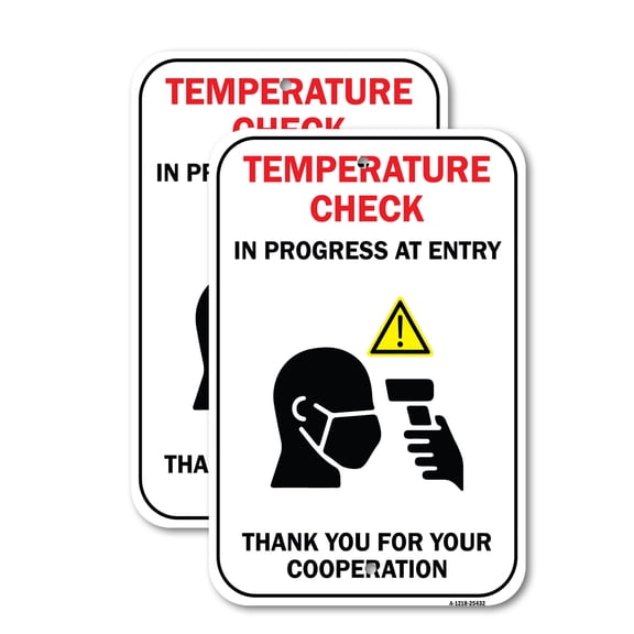 (2 Pack) Temperature Check In Progress At Entry | 18" X 24" Heavy-Gauge Aluminum Sign | Rust Free Aluminum, Weather Resistant, Waterproof, Fade Resistant, 2 Pre-drilled Holes