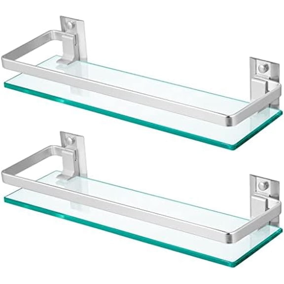 2-Pack Tempered Glass Bathroom Shelf with Rail, 15" x 4.5" Rectangular Shower Caddy, Wall Mounted Floating Shampoo Holder for Lavatory, Kitchen, Living Room$$Home Decor, Kitchen, & Other