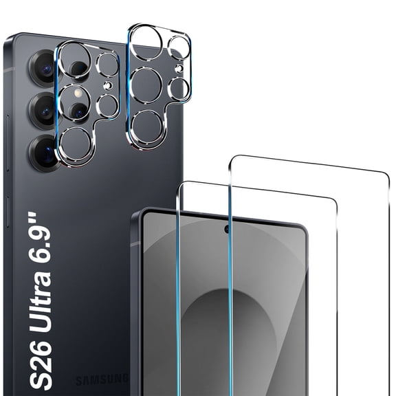 2 Pack Tempered Glass Screen Protector for Samsung Galaxy S26 Ultra 6.9 inch & 2 Pack Camera Lens Protector, 9H Hardness, Case Friendly, Fingerprint Unlock Compatible, HD Clear, Anti-Scratch