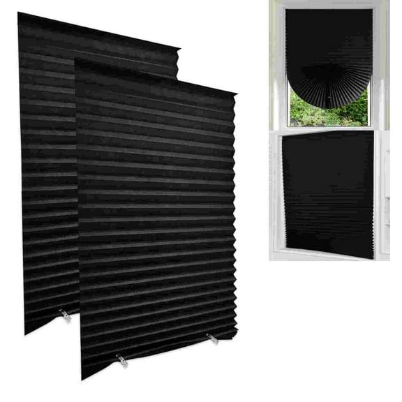 2 Pack Temporary Blackout Paper Shades for Windows,Paper Pleated Blinds with Adhesive,No Tools No Drilling Free Cut Size Paper Room Darkening Shades(Black, 24" W x 60" L)