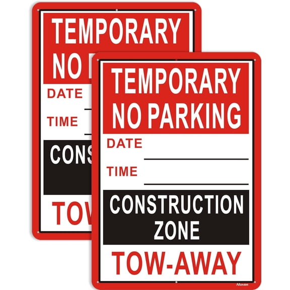 2 Pack Temporary No Parking Construction Zone Tow Away Signs Date Time Write On 8"x12" inches Metal Reflective Rust Aluminum UV Protected Weatherproof Sturdy Easy Mounting