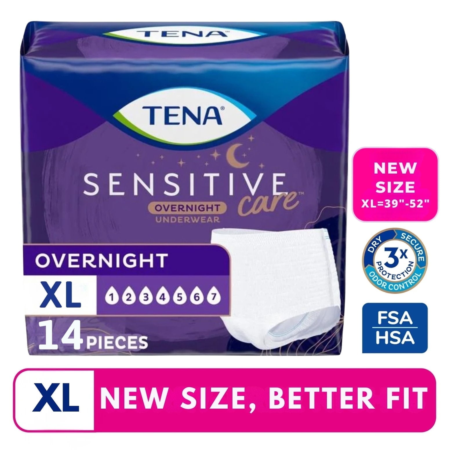(12 Pack) Tena Sensitive Care Overnight Incontinence Underwear for Women Extra Large, 14 Count (New Sizing)