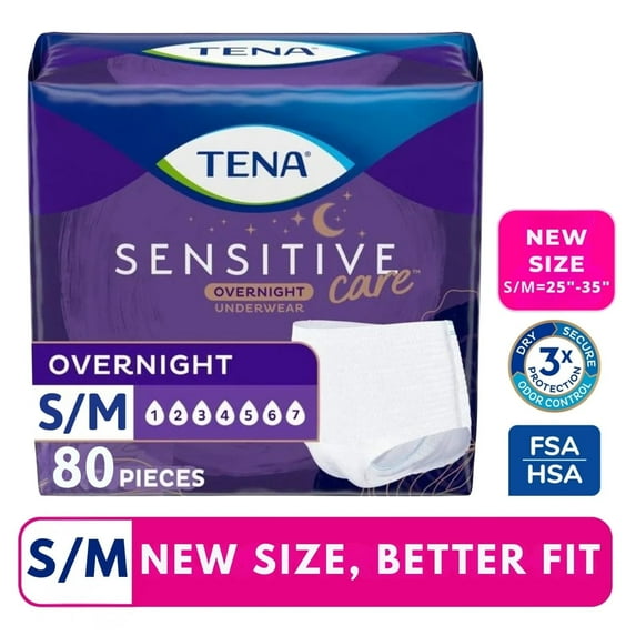 (2 Pack) Tena Sensitive Care Overnight Incontinence Underwear for Women Small/Medium, 80 count (New Sizing)