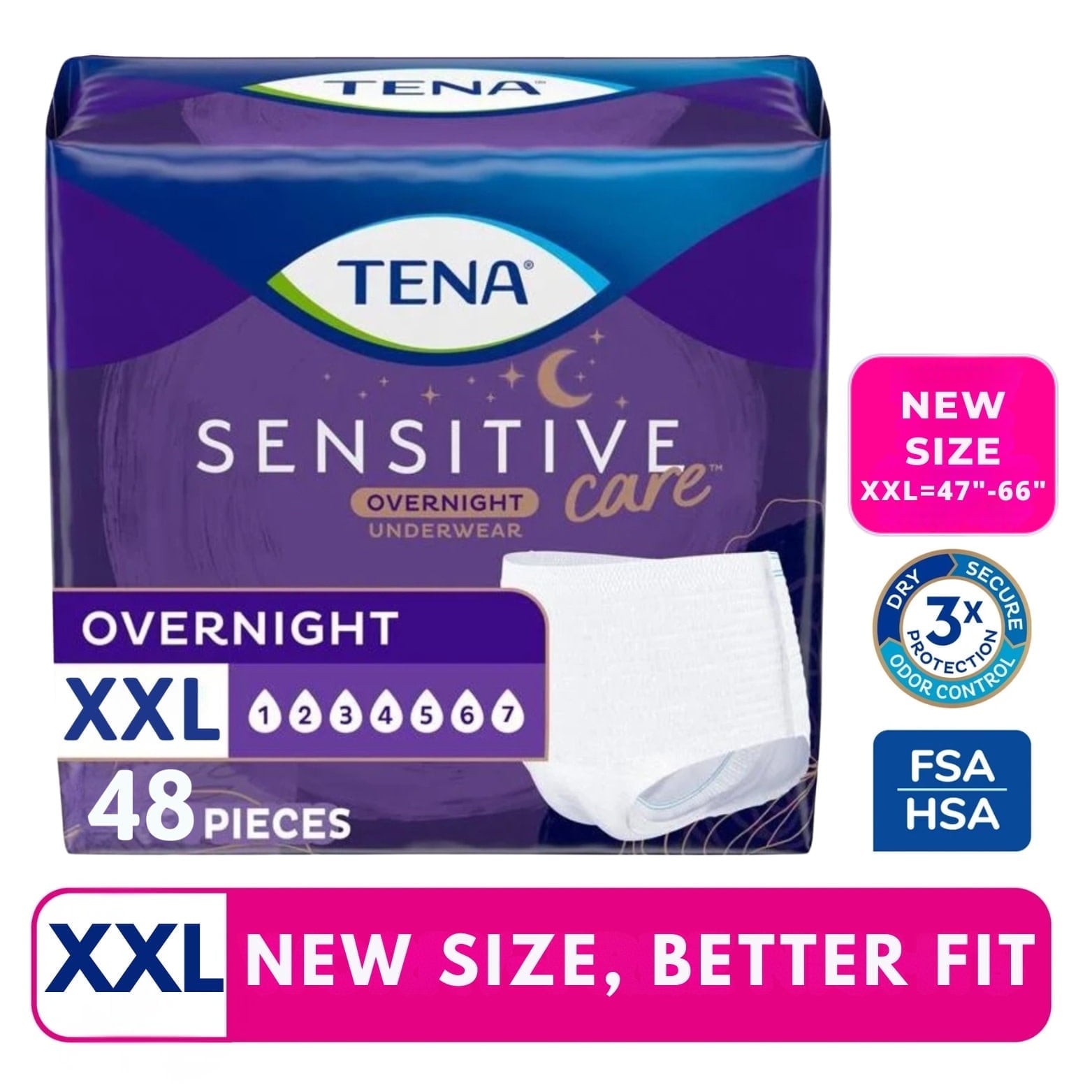 (2 Pack) Tena Sensitive Care Overnight Incontinence Underwear for Women XXLarge, 48 Count (New Sizing)
