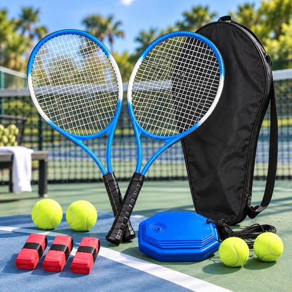 2 Pack Tennis Rackets with Solo Tennis Trainer 2 Tennis Balls 3 Overgrips Carry Bag for Beginners and Casual Outdoor Tennis Practice
