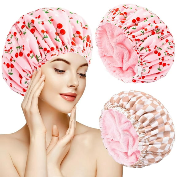 2-Pack Terry Lined Shower Cap for Women, Large Reusable Waterproof Bath Cap with Elastic Band for Long Thick Hair, Pink