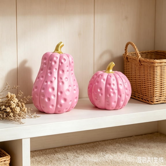 2 Pack Textured Artificial Pumpkin Decorations, Cute Pink & Striped Fake Pumpkins Table Centerpiece Halloween Decoration