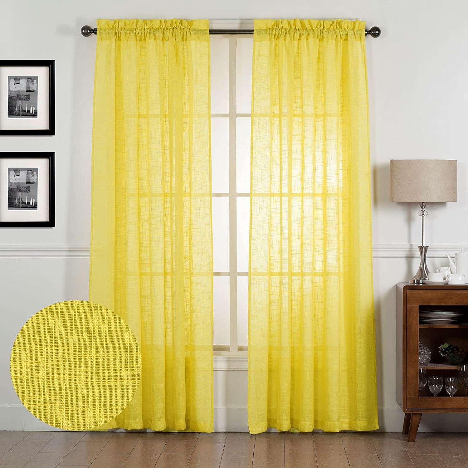 2 Pack Textured Linen Look Jacquard Semi Sheer Rod Pocket Curtain Panels Drapes Set (84" Long, Yellow)