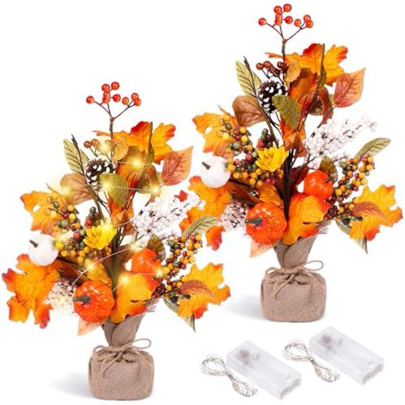 2 Pack Thanksgiving Fall Tabletop Tree Decor Fall Maple Tree with Pumpkins Pinecones LED Battery Operated Rustic Burlap Base Artificial Tabletop Trees for Home Office Autumn Decor