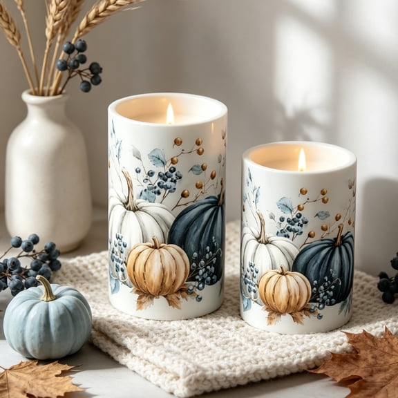 2 Pack Thanksgiving Flameless Candles, Blue & White Pumpkin Print LED Pillars, Warm Glow Table Centerpiece For Mantel, Shelf, Living Room, Fall Harvest Home Decor