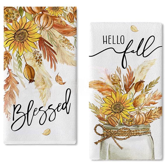 2-Pack Thanksgiving Kitchen Towels - Pumpkin Print Dish Cloths for Holiday Decor, Drying Dishes, Baking, and Autumn Table Setting
