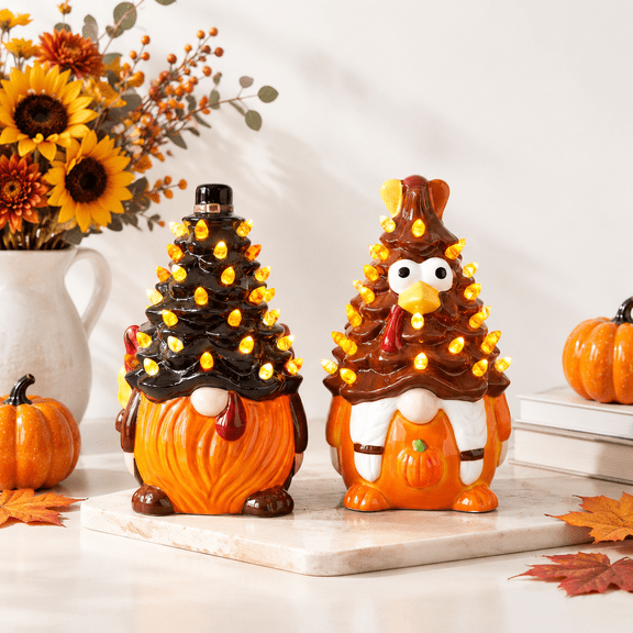2 Pack Thanksgiving Turkey Ceramic Decor Figurines with LED Lights