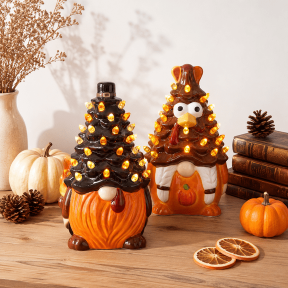 2 Pack Thanksgiving Turkey Ceramic Figurines with LED Lights, Festive Home Decor