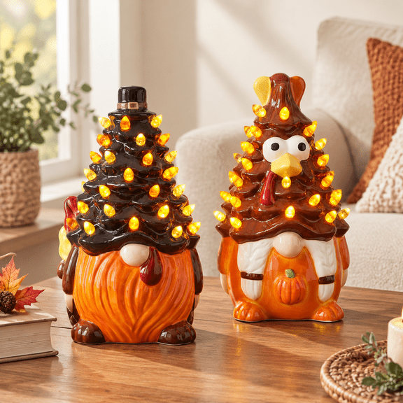 2 Pack Thanksgiving Turkey Ceramic Figurines with LED Lights, Home Decor Accents
