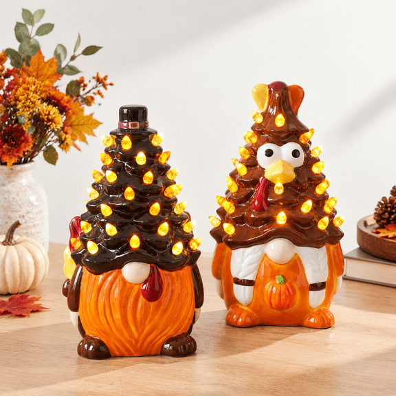 2 Pack Thanksgiving Turkey Ceramic Figurines with LED Lights, Home Decor