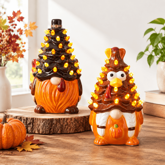 2 Pack Thanksgiving Turkey Ceramic LED Figurines, Home Decor