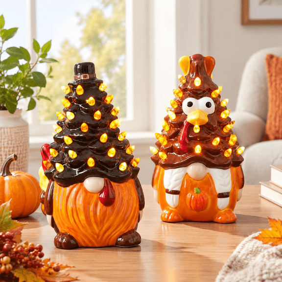 2 Pack Thanksgiving Turkey Ceramic Tree Figurines with LED Lights, Black Angel Wing and Orange Pumpkin Designs