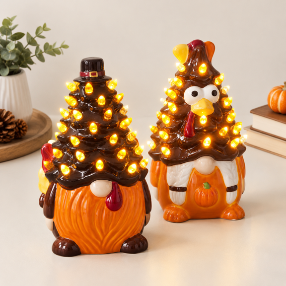 2 Pack Thanksgiving Turkey Ceramic Tree Figurines with LED Lights, Festive Home Decor