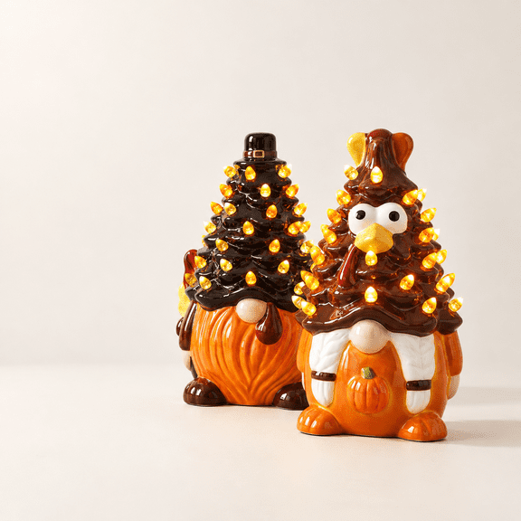 2 Pack Thanksgiving Turkey LED Decorative Figurines, Ceramic Home Accents