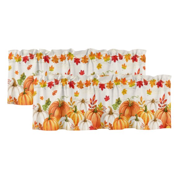 2 Pack Thanksgiving Valance for Window Fall White Orange Pumpkins Leaves Foliage Border Kitchen Valance Rod Pocket Short Curtain Topper Decorative Window Treatment for Living Room Bedroom 42"x18"