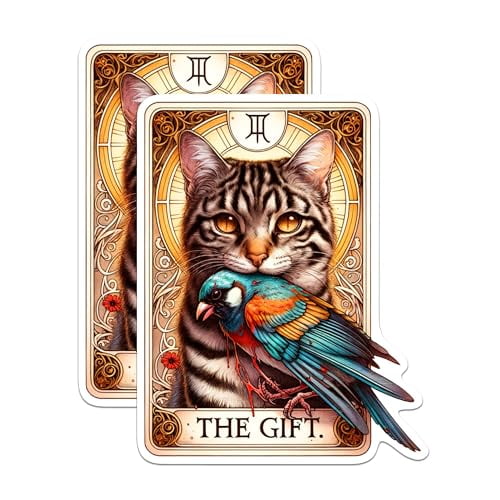 (2 Pack) The Gift Tarot Card Stickers - Cat Bringing a Bird - Cat Lover - Cat Mom or Cat Dad - 5 Inches On Longest Side - Premium Vinyl - for Cars, Skateboards, Laptops - Made in USA - BMCS1394