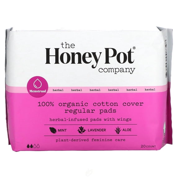 (2 Pack) The Honey Pot Company, Organic Regular Herbal-Infused Pads With Wings, 20 Count
