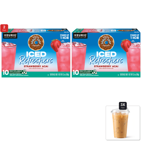 2 Pack | The Original Donut Shop, Strawberry Acai Refresher, Keurig Single-Serve K-Cup Pods, 10 Count & 3x 16oz Plastic Cup with Strawless Sip-Lid