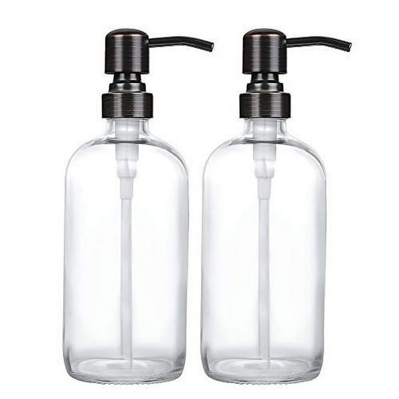 2 Pack Thick Clear Glass Boston Round Bottles /Oil Rubbed Bronze Stainless Steel Pumps, 16 Ounce Jar Soap Dispenser with Rustproof Pump for Essential Oil, Liquid Soap