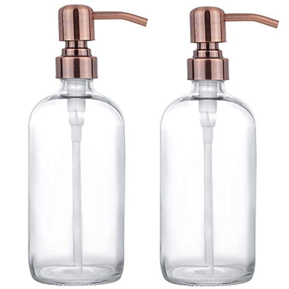 2 Pack Thick Clear Glass Pint Jar Soap Dispenser with Matte Black Stainless Steel Pump, 16ounce Clear  Round Bottles Dispenser with Rustproof Pump for Essential Oil, Lotion Soap