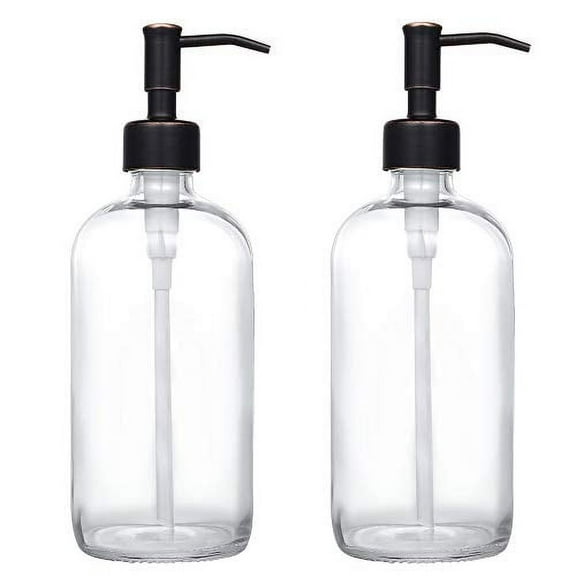 2 Pack Thick Clear Glass Pint Jar Soap Dispenser with Oil Rubbed Bronze Stainless Steel Pump, 16ounce Clear Boston Round Bottles Dispenser with Rustproof Pump for Essential Oil, Liquid