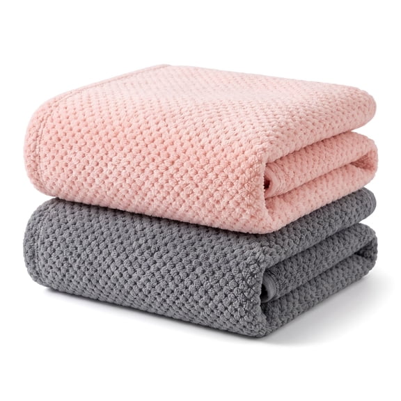 2 Pack Thick Pineapple Grid Coral Fleece Bath Towels, Ultra Soft Powerful Water Absorbent Lint Resistant Large Shower Towels for Adult Household Daily Use